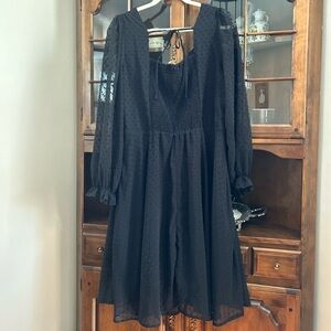 Belle Poque Vintage Swiss Dot Chiffon Midi Black Dress w/ Puff Sleeves - EUC!